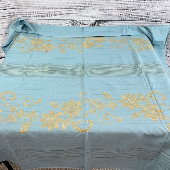 Vintage Blue Rectangular Dining Room Table Cloth w/ Gold Cross Stitch Flowers - Picture 6 of 11